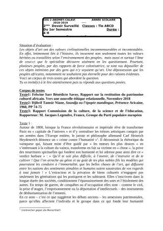 Première page de Français Tle A1, Tle A2, Tle B, Tle C, Tle D — 2e devoir surveillé, 1er semestre (2018-2019) · CEG2 ABOMEY - CALAVI (CEG ZOCA)