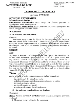 Première page de Anglais 6e — Devoir surveillé, 1er trimestre (2019-2020) · CEPG La Prunelle de Dieu