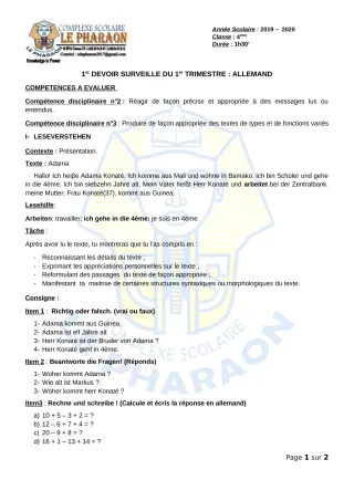 Première page de Allemand 4e ML — 1er devoir surveillé, 1er trimestre (2019-2020) · CPEG LE PHARAON