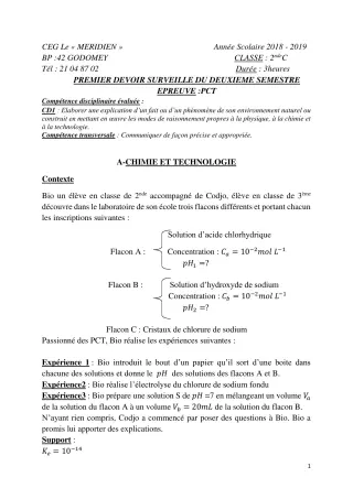 Première page de PCT 2nde C — 1er devoir surveillé, 2e semestre (2018-2019) · CEG Le Méridien