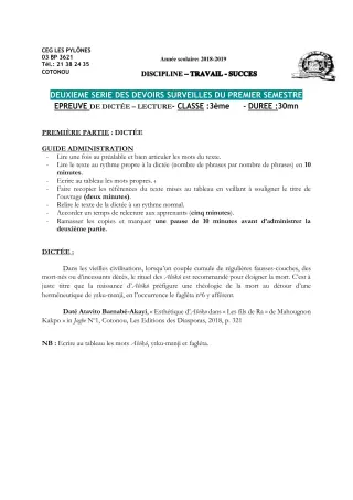 Première page de Français 6e, 4e, 4e ML, 3e, 3e ML, 2nde A & B, 2nde C, 2nde D — 2e devoir surveillé, 1er semestre (2018-2019) · CEG Les Pylônes
