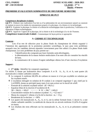 Première page de PCT 1ère C — 1re évaluation sommative, 2e semestre (2020-2021) · CEG PAHOU