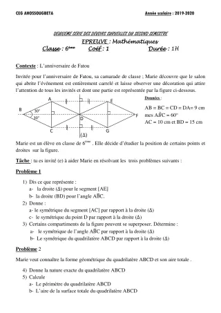 Première page de Mathématiques 6e — 2e devoir surveillé, 2e semestre (2019-2020) · CEG Ahossougbéta