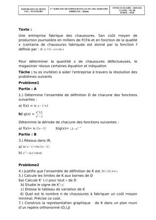 Première page de Mathématiques Tle A2, Tle B — 1er devoir surveillé, 2e semestre (2020-2021) · CEG 1 Agatogbo