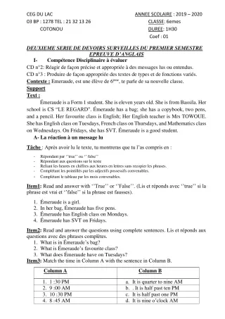 Première page de Anglais 6e — 2e devoir surveillé, 1er semestre (2019-2020) · CEG du Lac