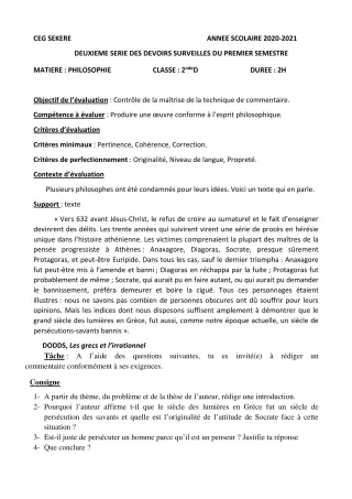 Première page de Philosophie 2nde D — 2e devoir surveillé, 1er semestre (2020-2021) · CEG SEKERE