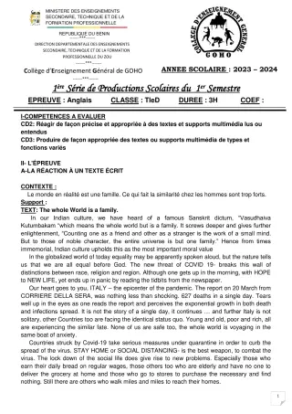 Première page de Anglais Tle D — 1re production scolaire, 1er semestre (2023-2024) · CEG GOHO