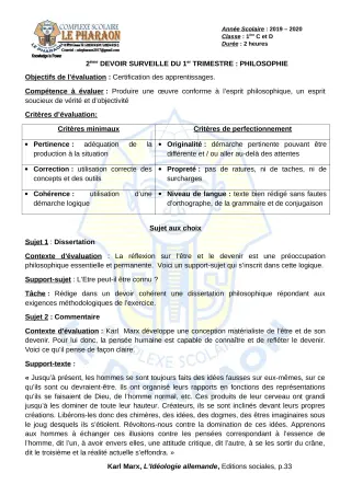 Première page de Philosophie 1ère C, 1ère D — 2e devoir surveillé, 1er trimestre (2019-2020) · CPEG LE PHARAON