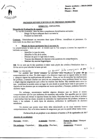 Première page de Espagnol 3e, 3e ML — 1er devoir surveillé (2019-2020) · CPEG ROSAIRE