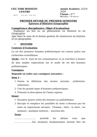 Première page de Histoire-Géographie 6e, 5e, 4e, 4e ML, 3e, 3e ML — 1er devoir surveillé, 1er semestre (2019-2020) · CEG Tori-Bossito Centre