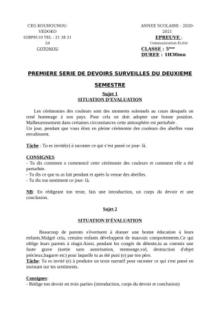 Première page de Français 5e — 1er devoir surveillé, 2e semestre (2020-2021) · CEG Kouhounou-Vêdoko
