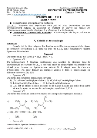 Première page de PCT 1ère C, 1ère D — Devoir surveillé, 1er trimestre (2019-2020) · CPEG LICA