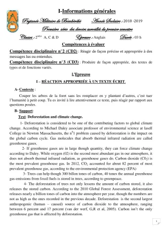 Première page de Anglais 2nde A — 1er devoir surveillé, 1er semestre (2018-2019) · PMB