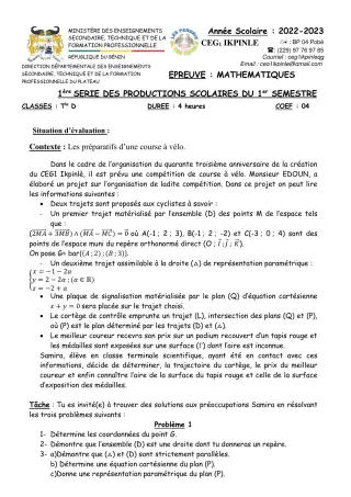 Première page de Mathématiques Tle D — 1re production scolaire, 1er semestre (2022-2023) · CEG1 Ikpinlè