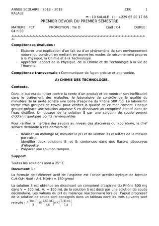 Première page de PCT 2nde D, 1ère D, Tle D — 1er devoir surveillé, 1er semestre (2018-2019) · CEG1 Kalalé