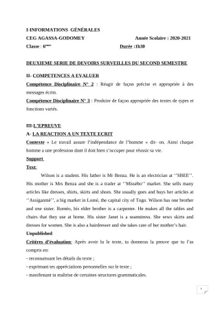 Première page de Anglais 6e, 5e, 4e ML&MC, 3e, 3e ML — 2e devoir surveillé, 2e semestre (2020-2021) · CEG Agassa Godomey