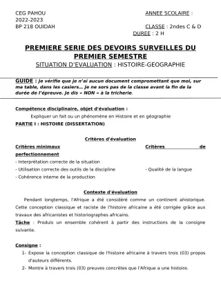 Première page de Histoire-Géographie 2nde C, 2nde D — 1er devoir surveillé, 1er semestre (2022-2023) · CEG PAHOU