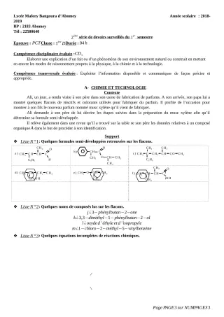 Première page de PCT 1ère D — 2e devoir surveillé, 1er semestre (2018-2019) · Lycée Houegbadja d'Abomey (Ex Mafory Bangoura)