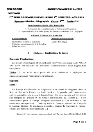 Première page de Histoire-Géographie 3e, 3e ML — 1er devoir surveillé, 1er semestre (2019-2020) · CEG ZOGBO
