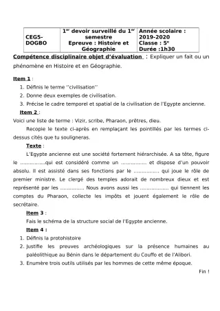 Première page de Histoire-Géographie 5e — 1er devoir surveillé (2018-2019) · CEG5 DOGBO