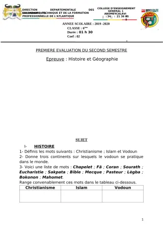 Première page de Histoire-Géographie 6e — 2e semestre (2019-2020) · CEG1 Abomey-Calavi