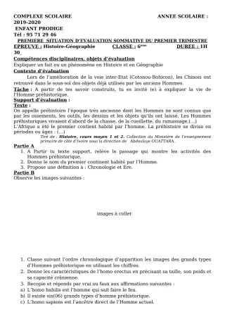 Première page de Histoire-Géographie 6e — Évaluation sommative, 1er trimestre (2019-2020) · CPEG ENFANT PRODIGE