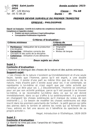 Première page de Philosophie Tle A2, Tle B, Tle C, Tle D — 1er devoir surveillé, 1er trimestre (2023-2024) · CPEG SAINT Justin