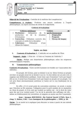 Première page de Philosophie 1ère A1, 1ère A2, 1ère B — 2e devoir surveillé, 1er semestre (2019-2020) · CEG 1 Akpakpa-Centre