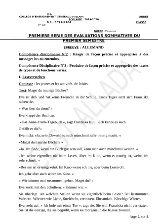 Première page de Allemand 1ère A & B — 1re évaluation sommative, 1er semestre (2019-2020) · CEG1 Allada