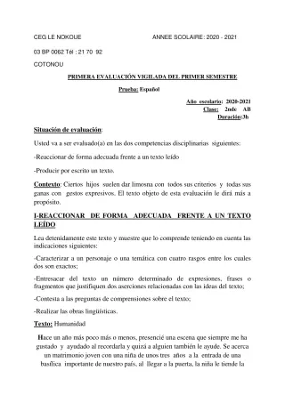 Première page de Espagnol 2nde A1, 2nde A2, 2nde B — 2020-2021 · CEG LE NOKOUE