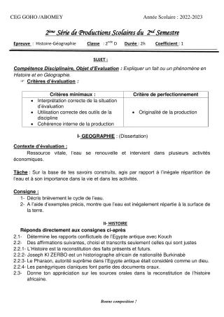Première page de Histoire-Géographie 2nde D — 2e production scolaire, 2e semestre (2022-2023) · CEG GOHO