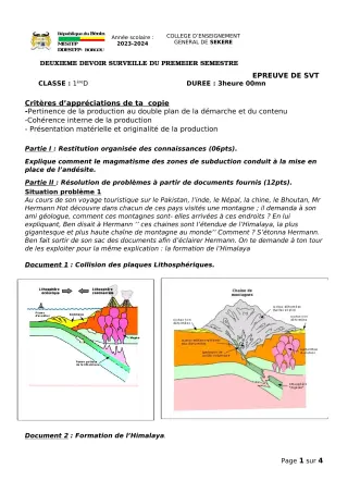 Première page de SVT 1ère D — 2e devoir surveillé (2023-2024) · CEG SEKERE