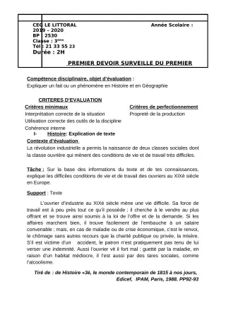 Première page de Histoire-Géographie 3e, 3e ML — 1er devoir surveillé (2019-2020) · CEG Le Littoral