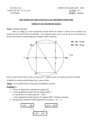 Première page de Mathématiques 6e — 2e devoir surveillé, 1er semestre (2019-2020) · CEG du Lac