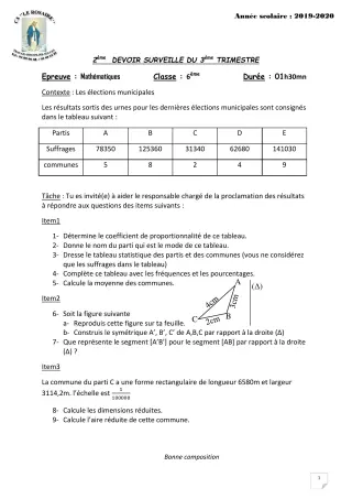 Première page de Mathématiques 6e — 2e devoir surveillé, 3e trimestre (2019-2020) · CPEG ROSAIRE