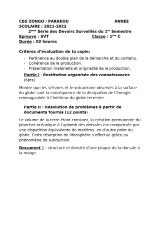 Première page de SVT 1ère C — 2e devoir surveillé, 1er semestre (2021-2022) · CEG ZONGO