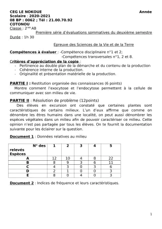 Première page de SVT 2nde A1, 2nde A2, 2nde B — Évaluation sommative, 2e semestre (2020-2021) · CEG LE NOKOUE