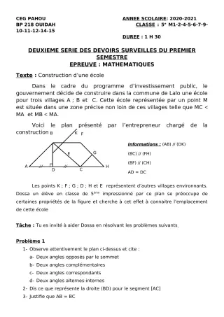 Première page de Mathématiques 5e — 2e devoir surveillé, 1er semestre (2020-2021) · CEG PAHOU