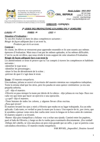 Première page de Espagnol 3e — 1re production scolaire, 1er semestre (2022-2023) · CEG1 Ikpinlè
