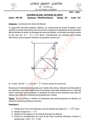 Première page de BEPC blanc 2022 mathématiques cpeg saint justin