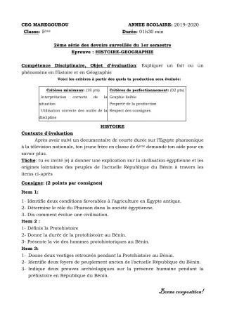 Première page de Histoire-Géographie 5e — 2e devoir surveillé, 1er semestre (2019-2020) · CEG MAREGOUROU