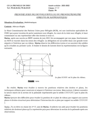Première page de Mathématiques 2nde B, 2nde D, 1ère B, 1ère D, Tle A2, Tle B, Tle D — 1er devoir surveillé, 1er trimestre (2021-2022) · CEPG La Prunelle de Dieu