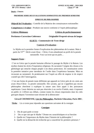 Première page de Philosophie 2nde A & B — 1re évaluation sommative, 1er semestre (2019-2020) · CEG Ahossougbéta