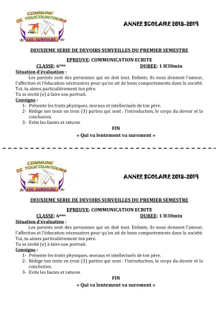 Première page de Français 6e, 5e, 4e, 4e ML, 3e, 3e ML — 2e devoir surveillé, 1er semestre (2018-2019) · CEG TAMPÈGRÉ
