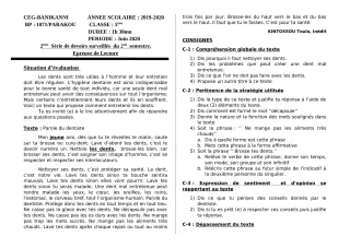 Première page de Français 5e — 2e devoir surveillé, 2e semestre (2019-2020) · CEG Banikanni