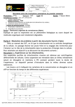 Première page de SVT 1ère A1 — 2e évaluation sommative, 1er semestre (2017-2018) · CEG C.P de Dompago