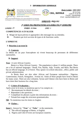 Première page de Anglais 5e — 1re production scolaire, 2e semestre (2022-2023) · CEG1 Ikpinlè