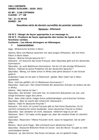 Première page de Allemand 1ère A2, 1ère B — 2e devoir surveillé, 1er semestre (2020-2021) · CEG L'Entente