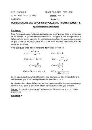 Première page de Mathématiques 2nde C, 2nde D — 2e devoir surveillé, 1er semestre (2020-2021) · CEG LE NOKOUE