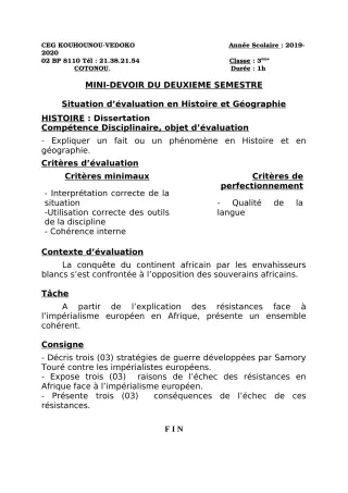 Première page de Histoire-Géographie 3e, 3e ML — Devoir surveillé, 2e semestre (2019-2020) · CEG Kouhounou-Vêdoko